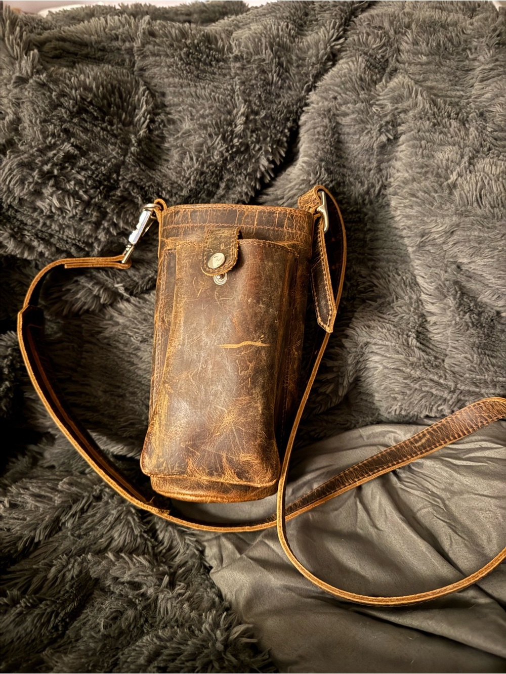 Leather Crossbody water bottle and Phone Pouch - Brown